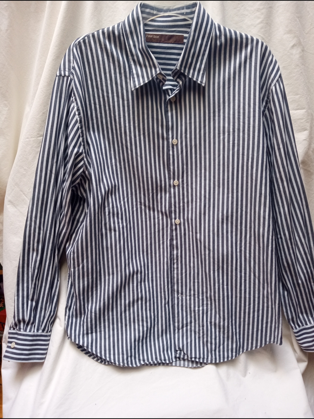 Perry Ellis Navy and White Vertical Stripe Dress Shirt